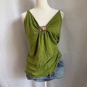 Y2K Fairy Babydoll Green Sequin Accent Cami Top V-Neck Stretch‎ Rayon Sleeveless